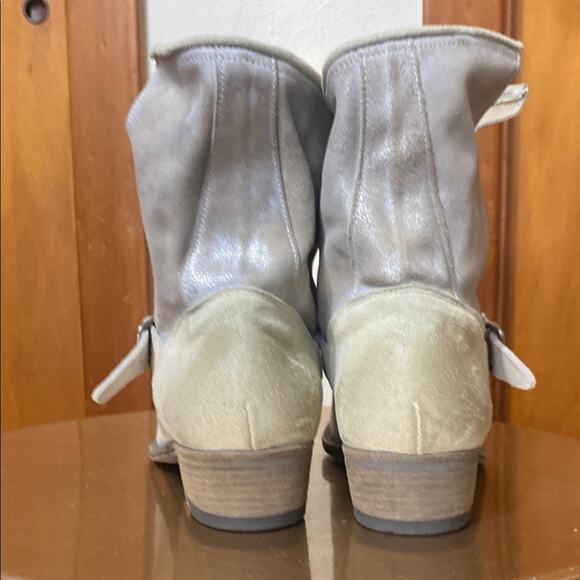 Pantanetti Leather Cowboy Boots Ankle Cream Iridescent Heeled Buckle Italian - Picture 4 of 16